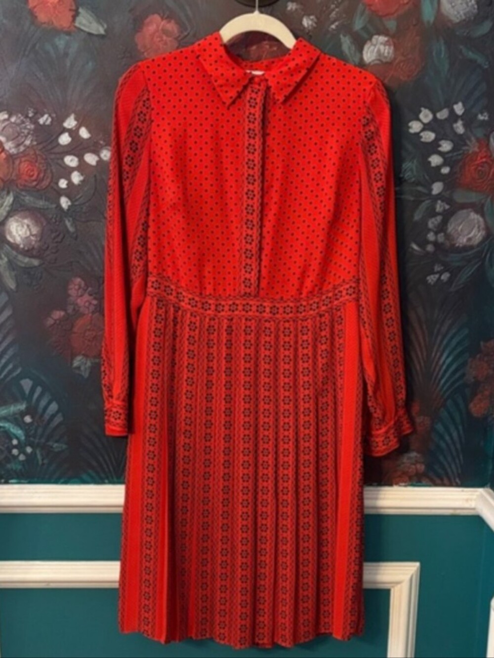 Boden Red Long Sleeve Midi Dress with Polka Dots